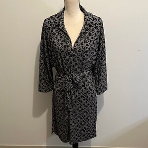 Laundry By Shelli Segal Black Gray Geo Patterned Collared Dress Belted